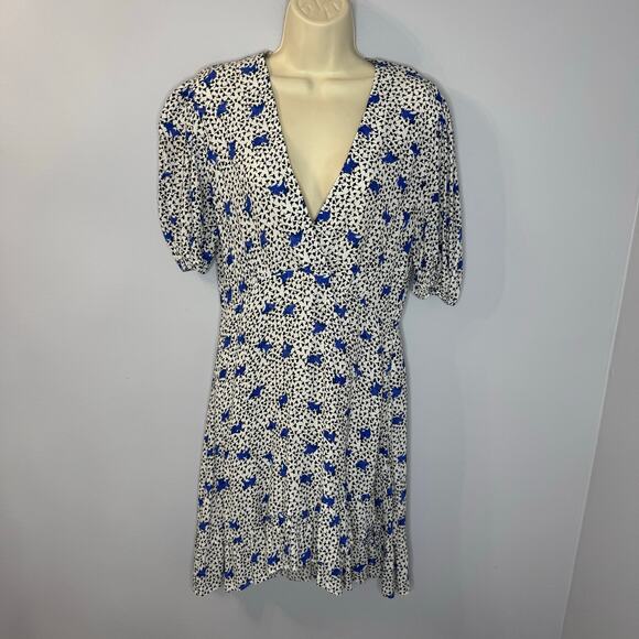 Maje Ripensee Blue Floral Print V Neck Dress Puff Sleeve Romantic Women's - Picture 2 of 16